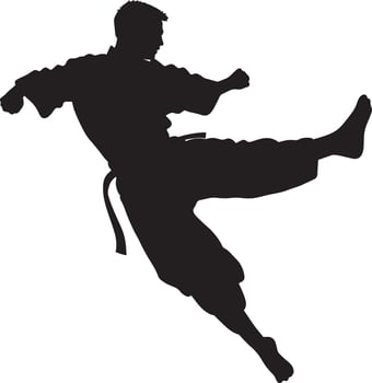 A martial artist soaring through the air, one leg extended to deliver a powerful kick. Full-length silhouette black illustration. vector