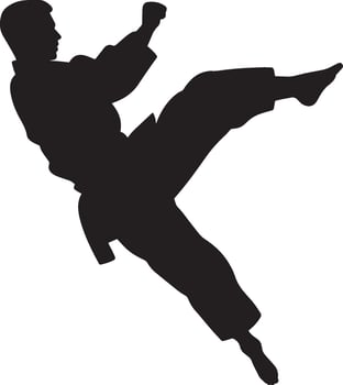 A martial artist mid-air, one leg extended for a powerful kick. full length silhouette black illustration vector
