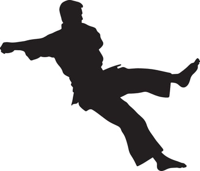 An individual in mid-flight, executing a strong kick with one leg outstretched. Full-length silhouette black illustration. vector