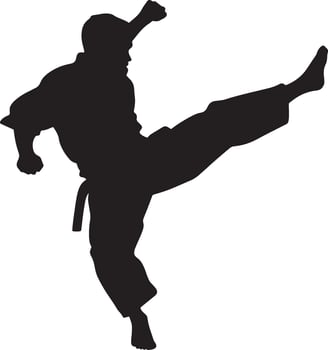 A silhouette of a martial artist airborne, leg extended in a dynamic and forceful kick. Full-length silhouette black illustration. vector