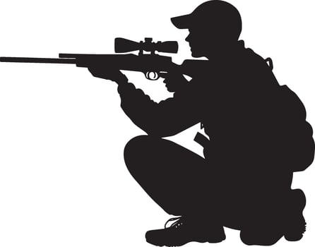 A hunter crouched on one knee, carefully aiming forward with their rifle. Full-length silhouette black illustration. vector