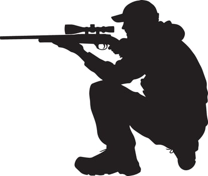 A hunter crouched on one knee, aiming forward. full length silhouette black illustration vector