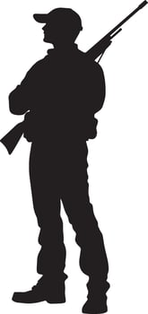 A person standing tall, holding a rifle across their chest in a relaxed position. Full-length silhouette black illustration. vector