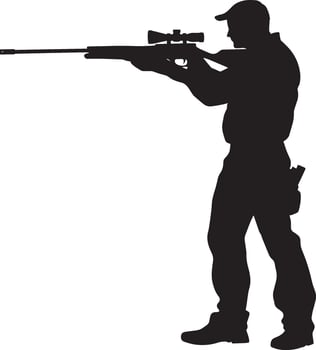A hunter standing still, aiming a rifle straight ahead. full length silhouette black illustration vector