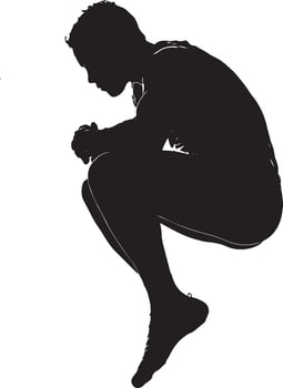 A gymnast jumping, knees pulled to chest, arms wrapped around legs. full length silhouette black illustration vector