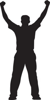 A silhouette of a bowler with arms lifted high, celebrating the success of taking a crucial wicket. Full-length silhouette black illustration. vector
