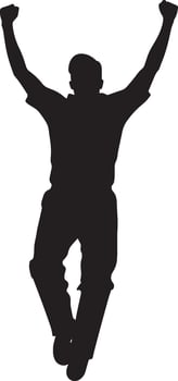Bowler's Victory Cricket Sport Pose A bowler triumphantly raising their arms in celebration after claiming a wicket. Full-length silhouette black illustration. vector