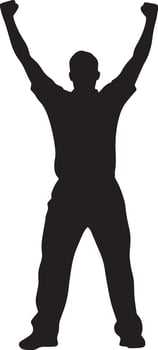 A figure of a bowler in mid-celebration, arms elevated high in a moment of victory after a successful delivery. Full-length silhouette black illustration. vector