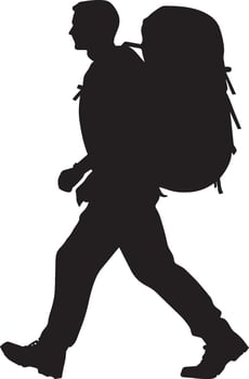 Trekking Pose Hiker carrying a heavy backpack, walking forward, silhouette illustration. vector