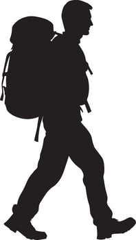 Backpacking Hiker Person walking with a large backpack, slightly leaning forward, black silhouette . vector