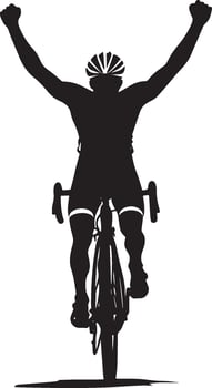 Crossing the Finish Line Cyclist with arms up in celebration, full-length silhouette. vector