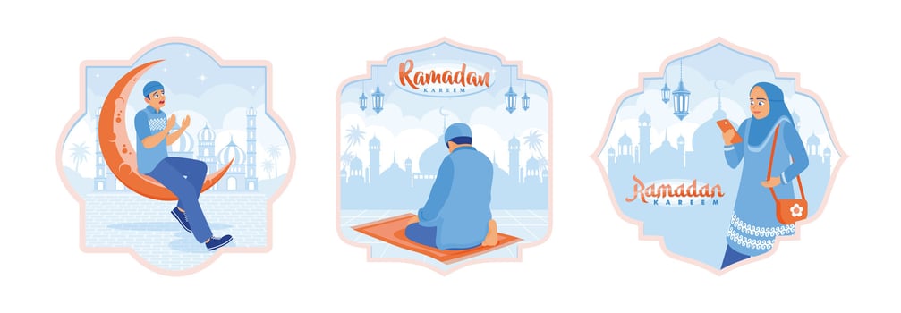 Muslim men pray and worship on prayer mats. vector