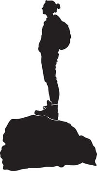 Summit Pose Person on a rock, one foot raised, striking a confident pose, silhouette illustration. vector