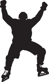 Goal Celebration Player in mid-celebration after scoring, arms raised, skates kicking up ice, full-length silhouette . vector