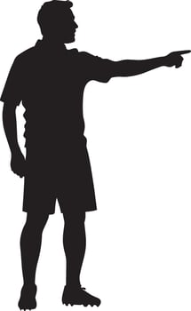 A silhouette of a referee pointing toward the penalty spot, signaling a penalty kick. full length silhouette black illustration vector