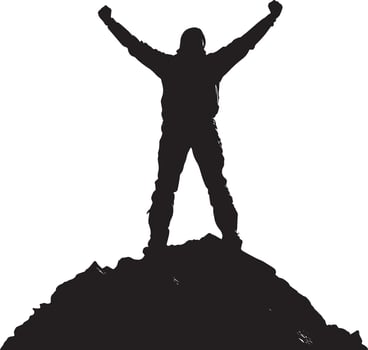 Mountain Top Achievement Person with arms raised in victory, standing on the summit, black silhouette. vector