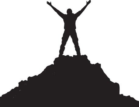Summit Success Hiker standing at the peak with arms lifted in triumph, black art. vector