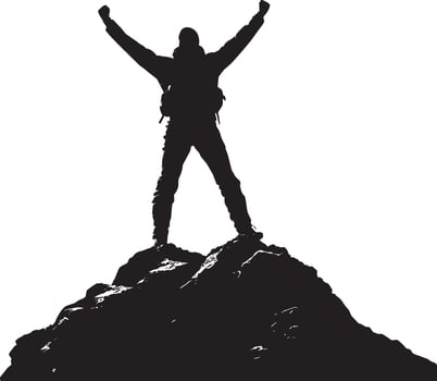 Triumphant Summit Hiker standing tall at the mountain peak, arms lifted in victory, silhouette illustration. vector