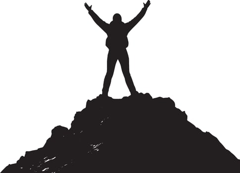 Summit Victory Person standing triumphantly at the mountain peak, arms raised in celebration, full-length silhouette . vector