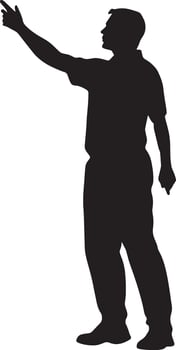 Referee blowing a whistle with one arm raised high to indicate a stoppage in play, full-length silhouette . vector