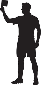 Referee holding a red card high in one hand, signaling a player's expulsion, full-length silhouette . vector