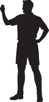 Official holding up a yellow card while the other hand rests on their hip, signaling a warning, black silhouette. vector