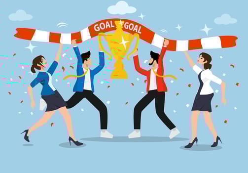 Teamwork success. Team success achievement for winning trophy award together, celebrate team effort collaboration, teamwork motivation, ambition concept. vector