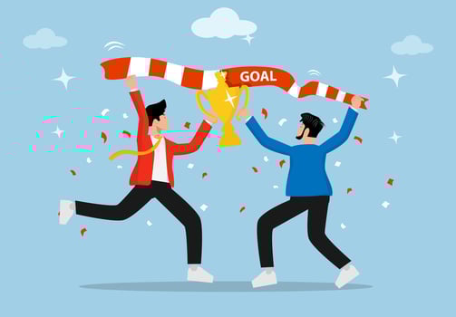 Businessmen achieve success, achieve, succeed in business performance or victory, or achieve career success. Two successful entrepreneurs bring victory trophies. concept of achieving goals or targets. vector