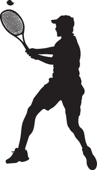 A player hitting a slice serve with a racket angled to spin the ball, full-length silhouette . vector