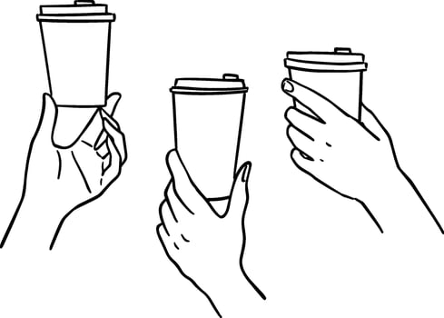 Sets of hand holding a paper cup of coffee vector