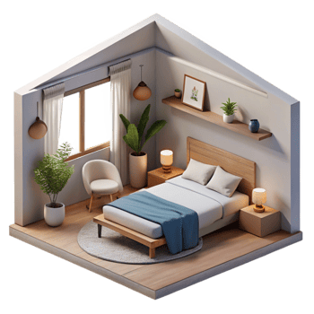 stunning rustic Minimalist Bedroom Interior Side View Cutout original png