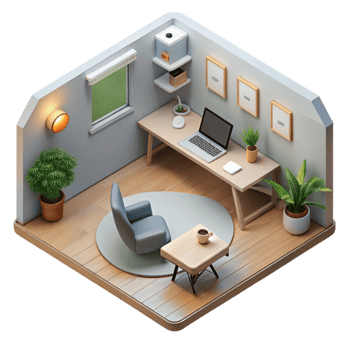 serene vintage Minimalist Home Office Interior Side View high quality png