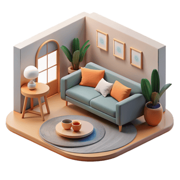 vibrant artistic Minimalist Living Room Scene Side View Isolated png