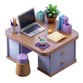 serene artistic Modern Desk with Office Supplies Cutout premium png