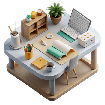 vibrant classic Modern Desk with Stationery Items Top View Transparent Background high quality png