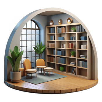 beautiful abstract Modern Library Interior with Bookshelves Transparent Background premium png