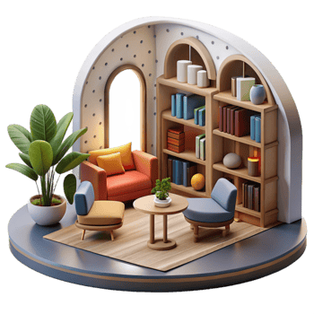 serene classic Modern Library Interior with Bookshelves Transparent Background professional png