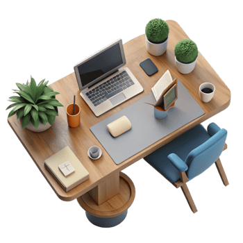 stunning rustic Modern Office Desk Top View Transparent Background high quality png