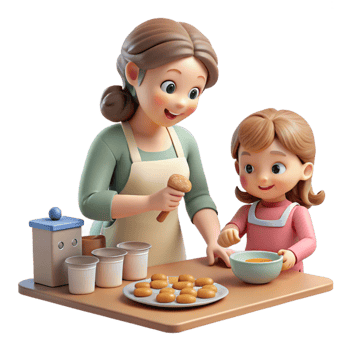 serene artistic Mother and Daughter Baking Cookies Kitchen Scene Transparent authentic png