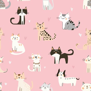 Seamless pattern of cute cartoon cats on a soft pink background with small hearts, designed in a flat and minimalist style vector