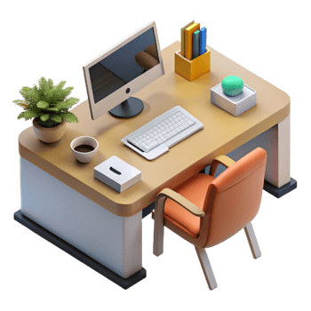 beautiful traditional Office Desk with Computer Top View Isolated high quality png