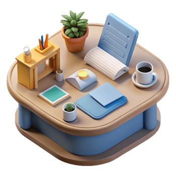 wonderful classic Office Desk with Stationery Items Flatlay Transparent Background high resolution png