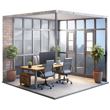 elegant vintage Office Interior with Large Windows Transparent Background detailed png