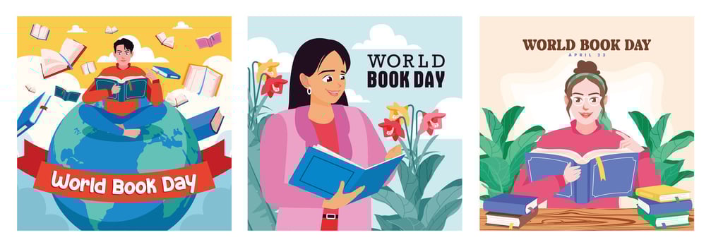 celebrate World Book Day by reading books. Woman reading a book . Men celebrate World Book Day vector