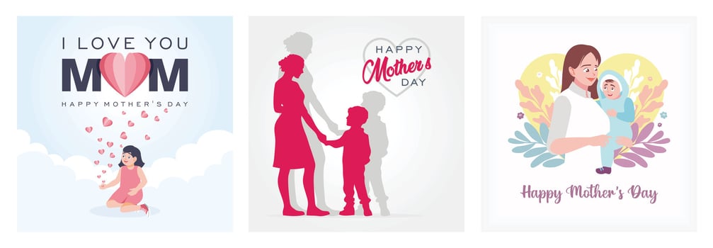 Girl with flying pink paper heart. a mother holding her son's hand. Mother's Day concept vector