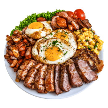 Hearty Plate of Grilled Meats with Fried Eggs and Vegetables png