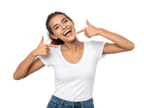 young woman smiling and pointing at her mouth, expressing joy and confidence png