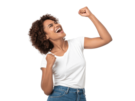 Happy woman celebrating success with raised fists and joyful expression png