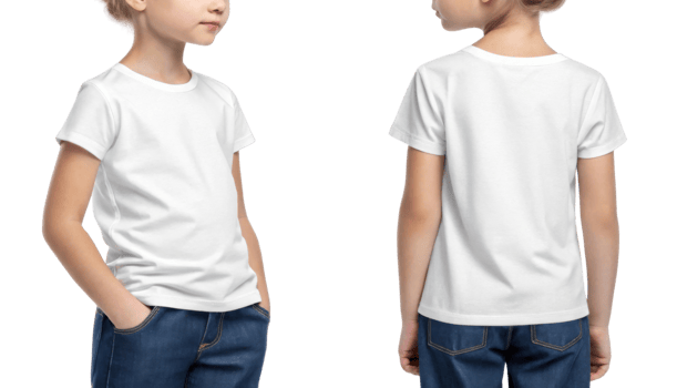 child wearing plain white t shirt and blue jeans, showcasing casual style from front and back png