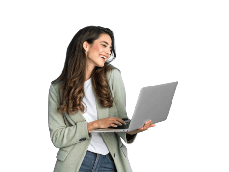 Smiling woman using laptop, casual outfit, modern workspace, technology png